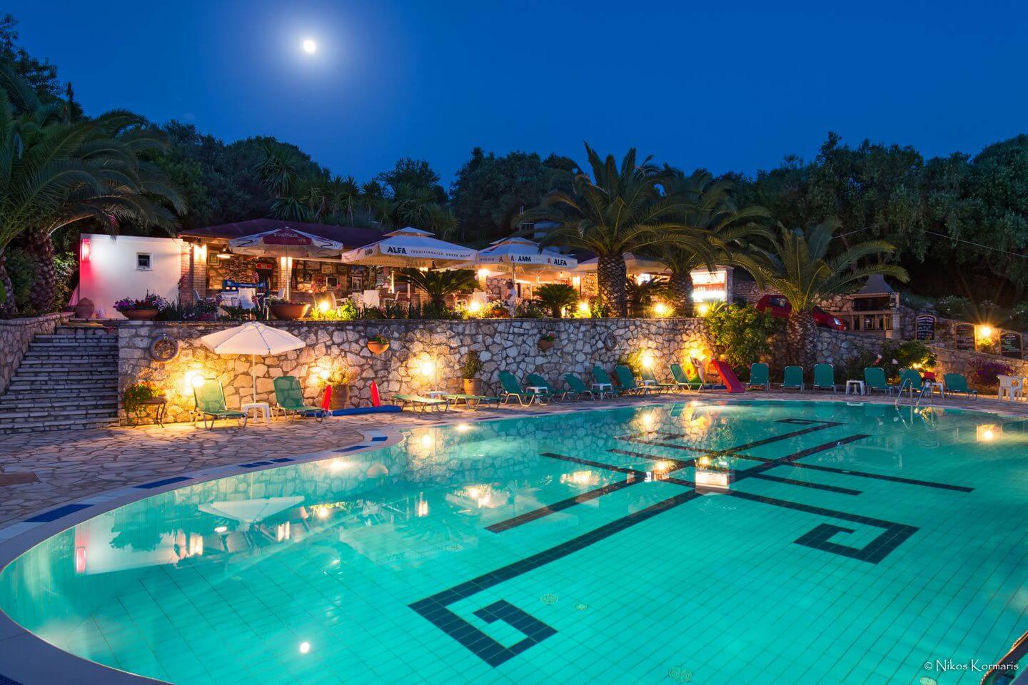 Pool illuminated at night